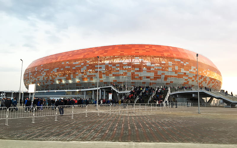 Mordovia Arena orange-white glass facade, side view, modern architecture, Russian football stadium, 2018 FIFA World Cup, Russia 2018, modern sports arena, football, Saransk, Mordovia, Russia, HD wallpaper
