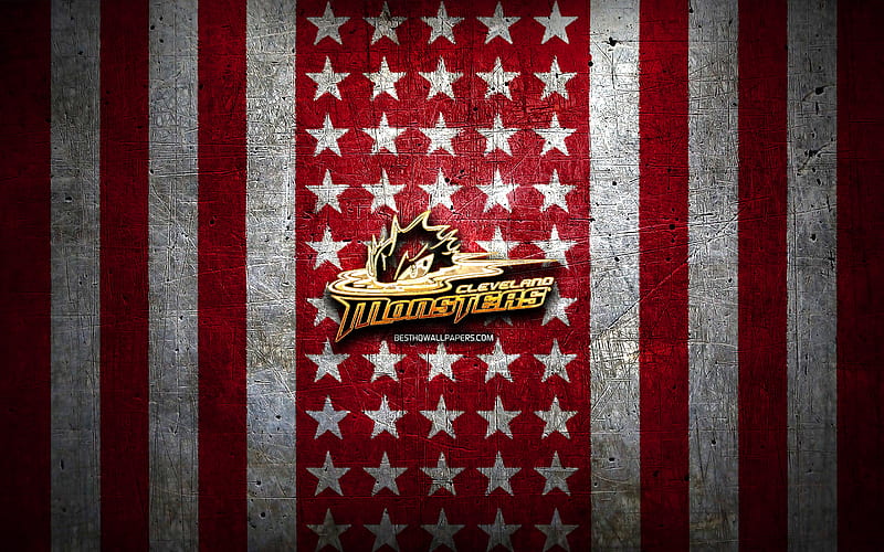 Cleveland Monsters flag, AHL, red white metal background, american hockey team, Cleveland Monsters logo, USA, hockey, golden logo, Cleveland Monsters, HD wallpaper