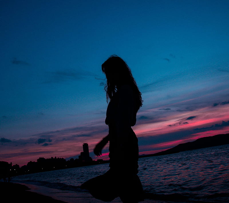 Silhouette girl, black, galaxy, night, sea, HD wallpaper | Peakpx