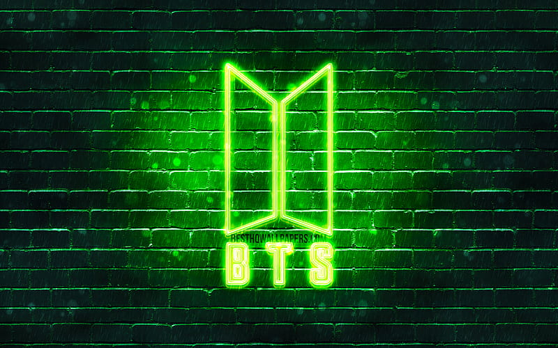 BTS green logo Bangtan Boys, green brickwall, BTS logo, korean band, BTS neon logo, BTS, HD wallpaper