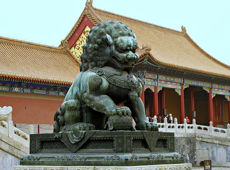 Bronze Statue in Forbidden City, Lion, Forbidden City, Statue, Bronze, HD wallpaper