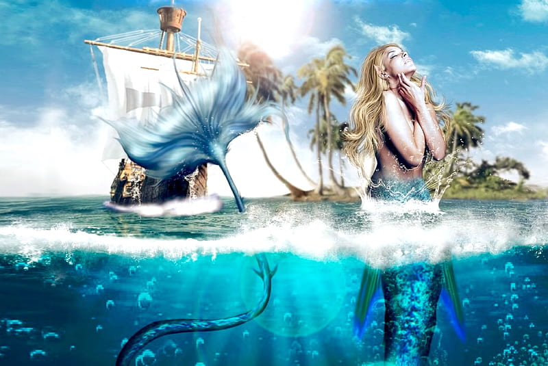 Beautiful Mermaid, pirate ship, seas, Mermaid, ocean, magical, bonito, Fantasy, blue, HD wallpaper