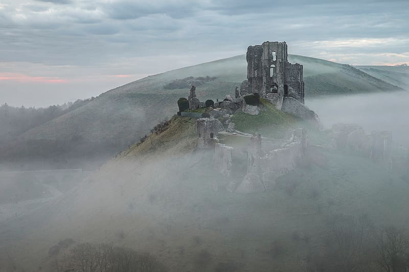 Castle Ruins, fog, architecture, castle, ruins, HD wallpaper