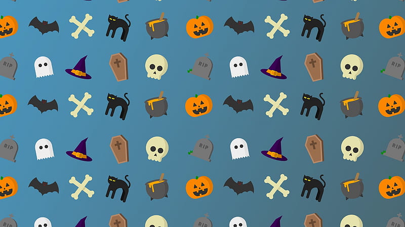 Halloween texture, pattern, halloween, hat, black cat, pumpkin, bat, texture, paper, bones, skull, pisica, blue, HD wallpaper