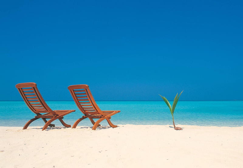 Decks Chairs on White Sand, polynesia, palm, sea, beach, lagoon, sand, chairs, deck, south pacific, blue, exotic, islands, ocean, tree, paradise, island, white, tropical, HD wallpaper