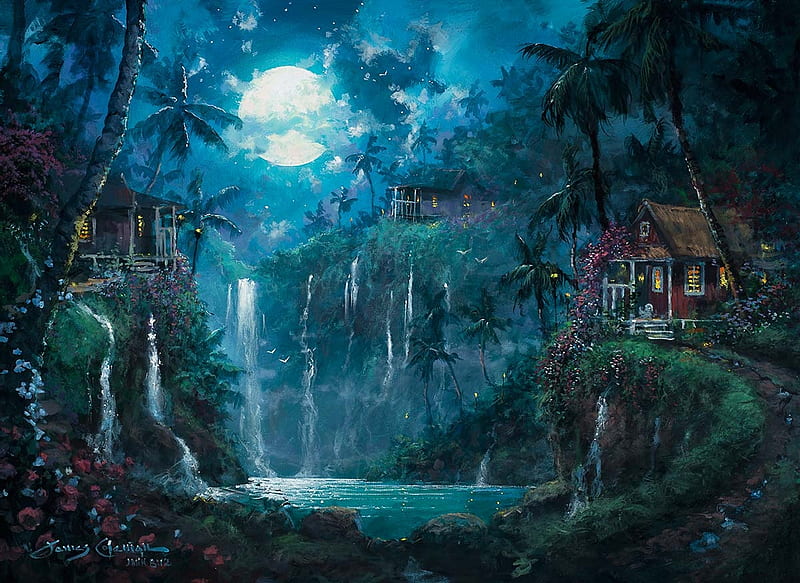 Moonlight, moon, luminos, waterfall, night, art, james coleman, fantasy, moon, water, white, blue, HD wallpaper