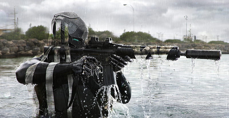 futuristic soldier, robot, camouflage, sci-fi, lake, Fantasy, HD wallpaper