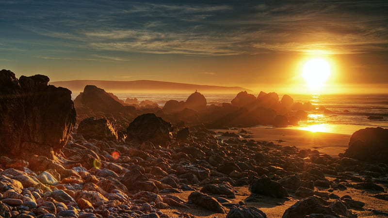 sunset on a rocky rocky beach, beach, rocks, sunset, boulders, HD wallpaper