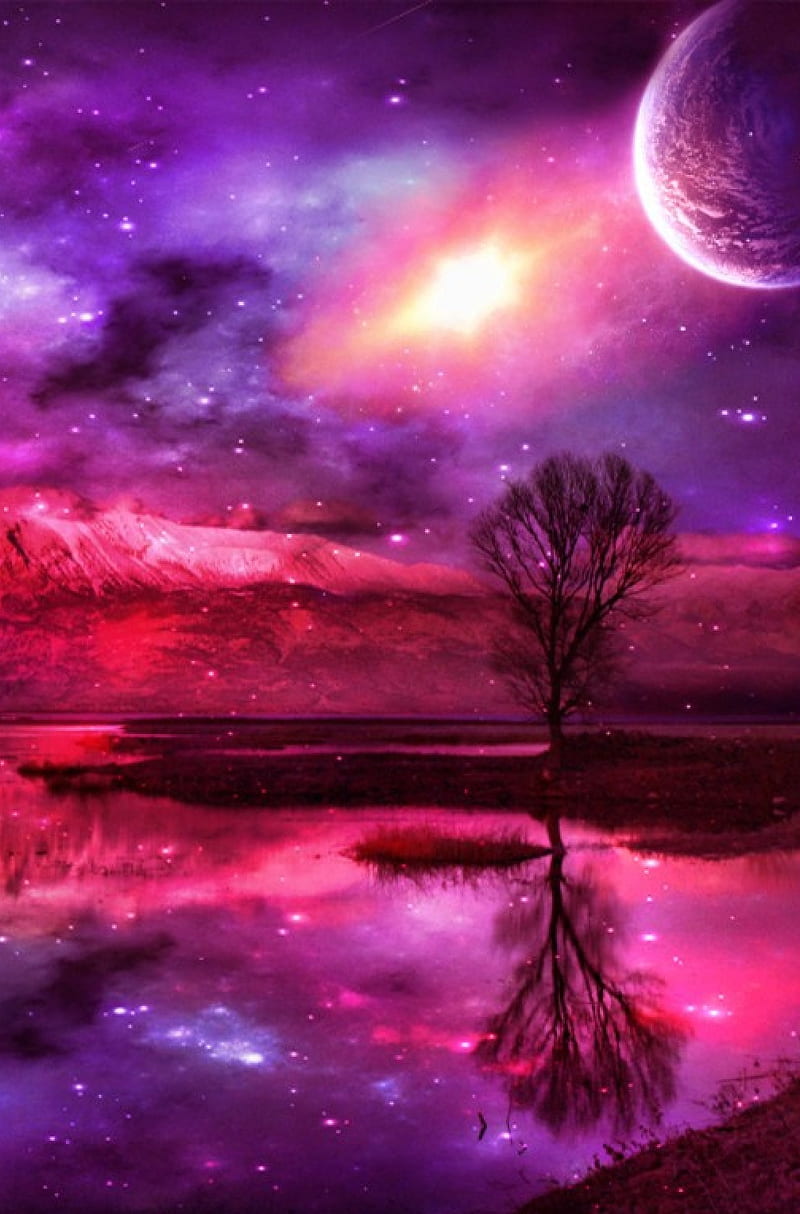 Fantasy Planet, fantasy, lake, pink, planet, purple, space, star, tree, HD phone wallpaper