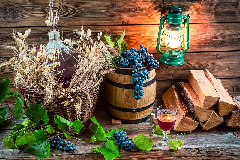 Grapes, Still Life, Glass, Lantern, Basket, Log, , Barrel, Wine, HD wallpaper