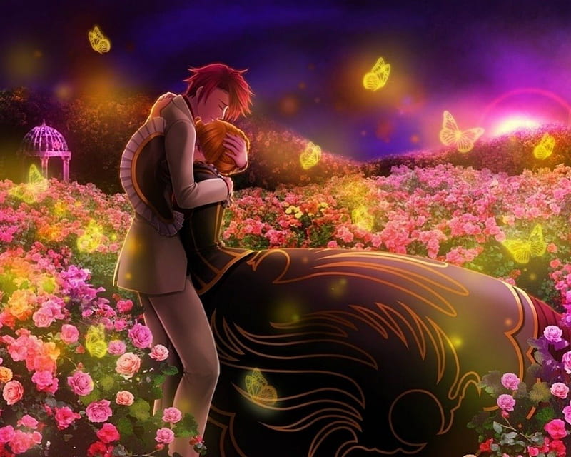 Anime Couple Kissing In A Garden Background, Lovers Anime Pictures  Background Image And Wallpaper for Free Download
