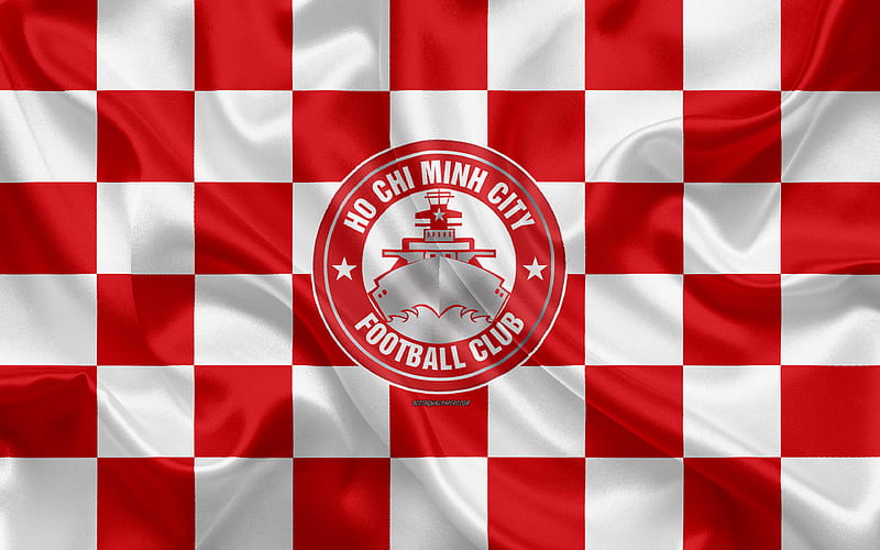 Ho Chi Minh City FC logo, creative art, red and white checkered flag, Vietnamese football club, V League 1, emblem, silk texture, Ho Chi Minh City, Vietnam, HD wallpaper