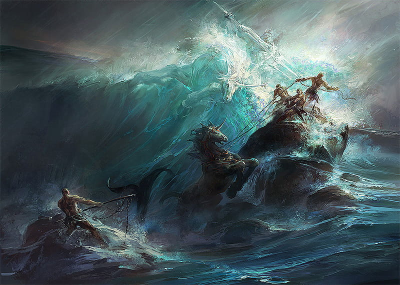 Poseidon's Wrath, poseidon, sailors, ocean, chains, seahorses, wave, angry, HD wallpaper