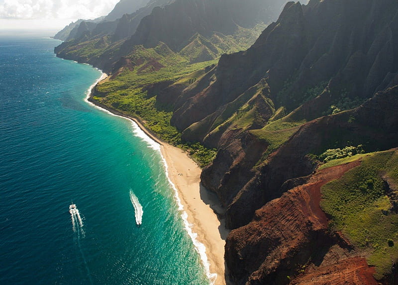 Kauai island, Hawaii, beach, Landscape, mountains, ocean, HD wallpaper