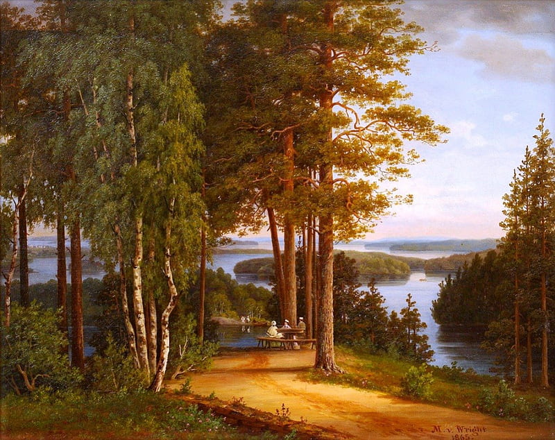 Painting by Magnus von Wright 1805-1868, forest, artist, art, greenery, place, trees, sky, lake, people, painting, painter, nature, relaxing, HD wallpaper