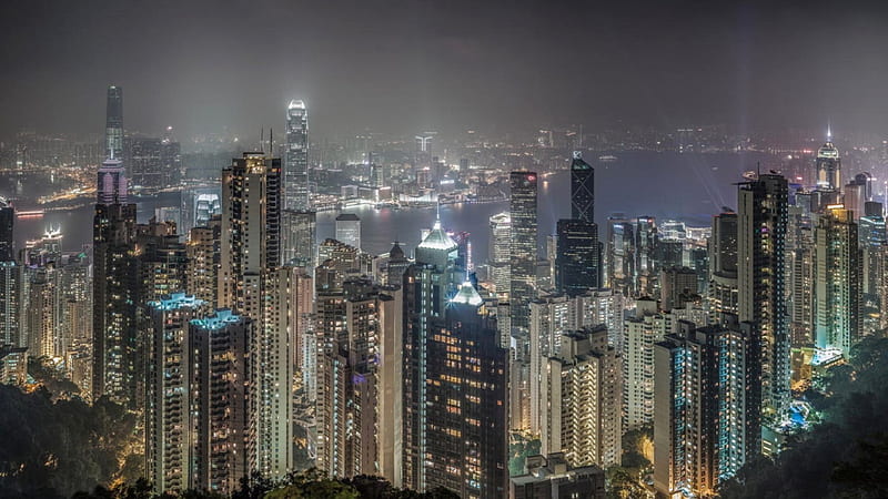Hong Kong Lights, modern, cityscape, buildings, nightscape, twilight, bay, night, skyscrapers, HD wallpaper