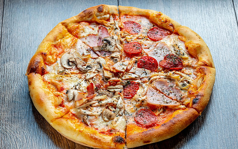 pizza, fast food, pizza with sausage and mushrooms, meat, delicious food, HD wallpaper