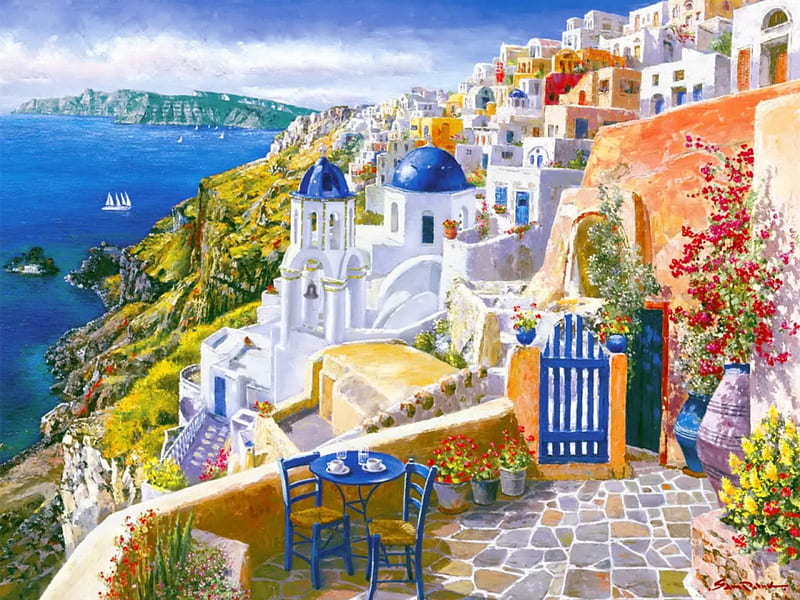 Santorini view, pretty, art, shore, view, town, bonito, sea, Greece, Santorini, painting, summer, flowers, village, coast, HD wallpaper