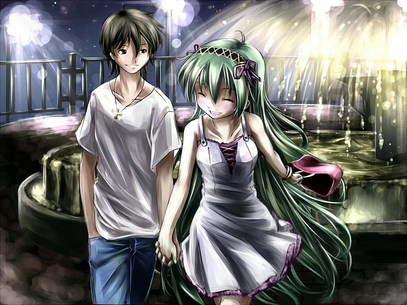 On a Date, pretty, clouds, lights, lovers, nice, love, anime, aqua, beauty, vocaloids, realistic, art, fountain, twintail, miku, park, sky, singer, abstract, cute, hands, hatsune, cool, awesome, white, idol, out, artistic, date, dress, glow, hatsune miku, guy, bonito, colorul, thighhighs, program, couple, night, vocaloid, music, diva, boy, song, girl, jeans, holding hands, virtual, shiny, HD wallpaper