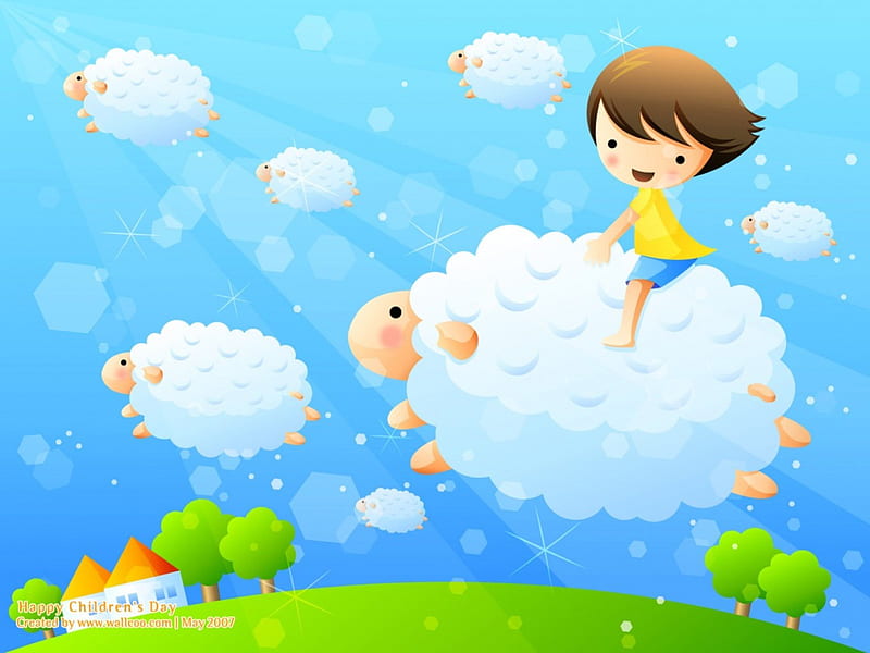 Happy Childhood, cloud, children, year, animal, sheep, boy, fantasy, green, goat, day, child, blue, vector, HD wallpaper