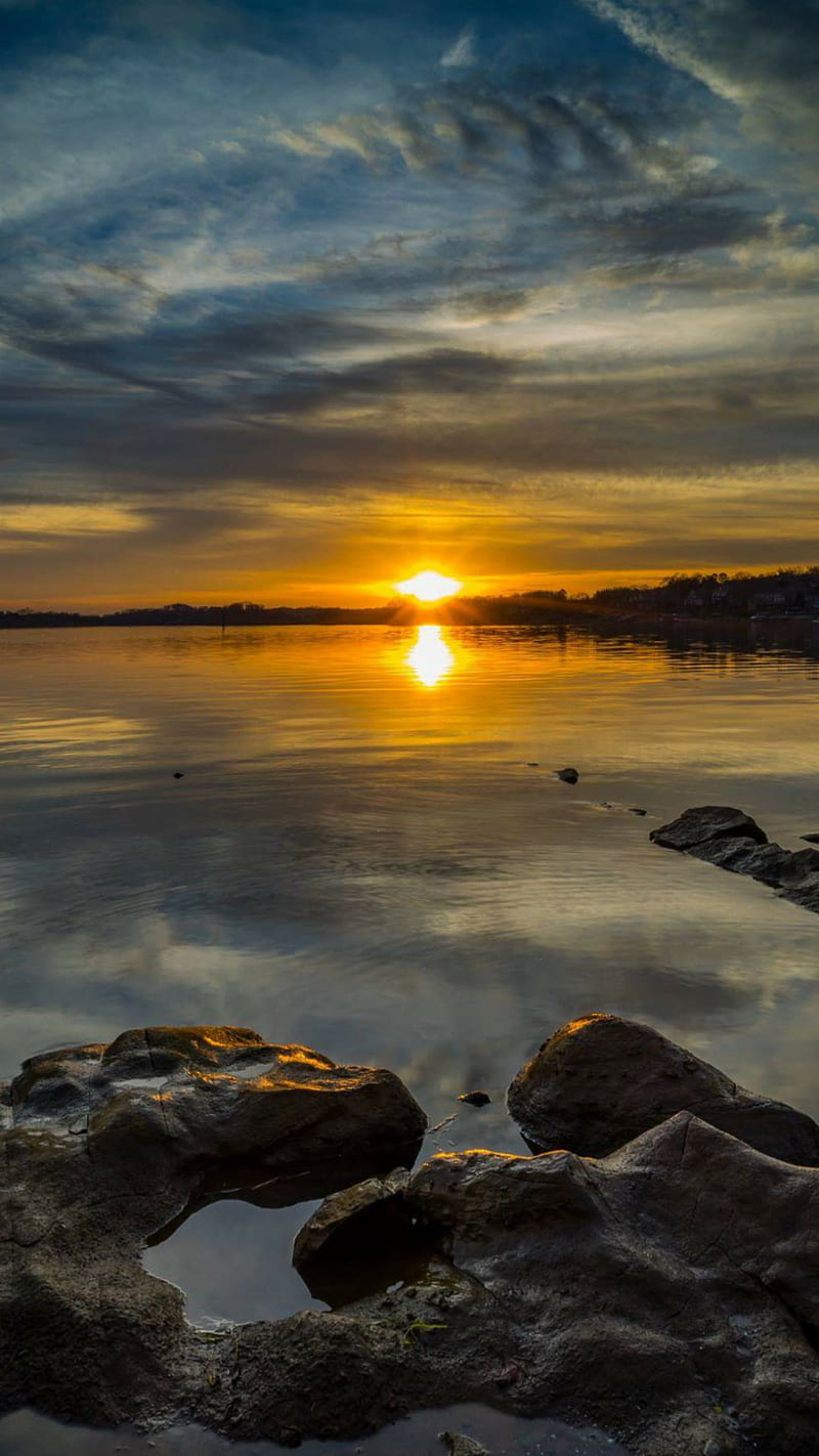 Lake Sunset, nature, sun, sunrise, water, HD phone wallpaper
