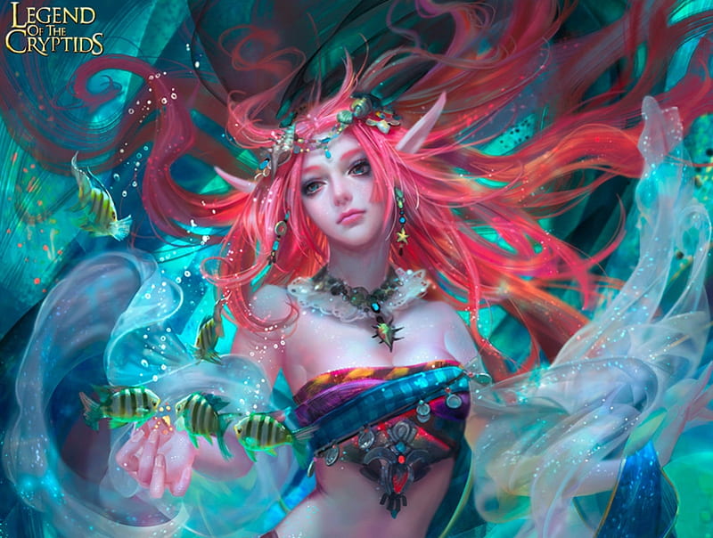 Mermaid, summer, pink, furmusete, blue, fish, luminos, yu han chen, fantasy, water, vara, girl, HD wallpaper