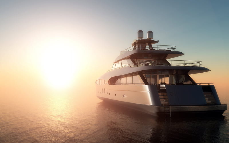 Sea, sunrise, luxurious yacht, waves, 3d yacht, HD wallpaper