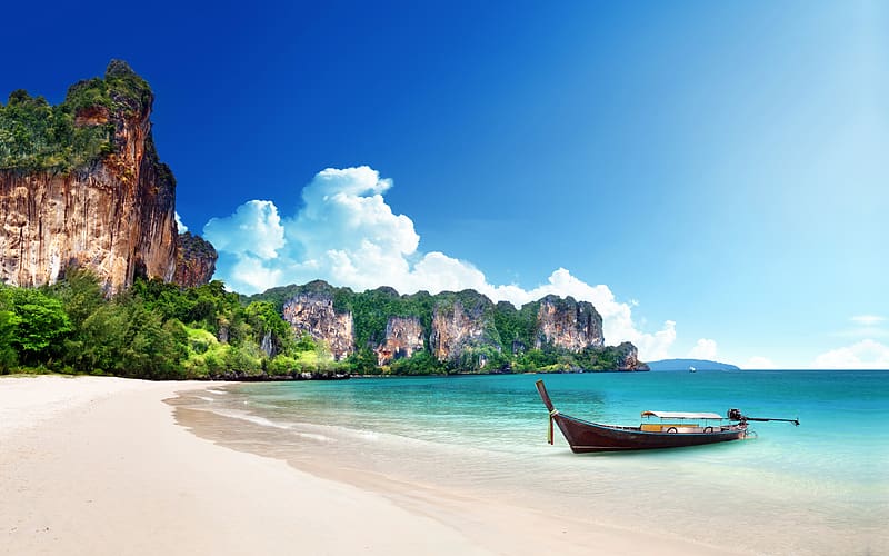 Thailand Island Travel Beach Summer Wooden Boat, HD wallpaper