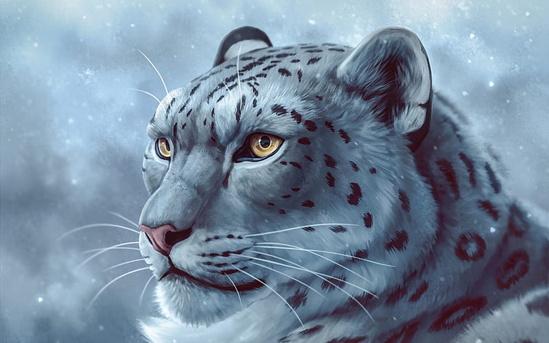 Snow leopard, fantasy, luminos, face, white, winter, iarna, chiakiro, frumusete, animal, HD wallpaper