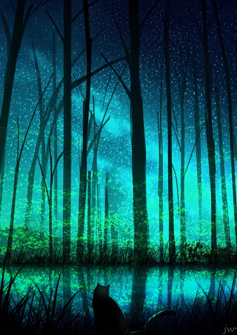 dark forest, lake, cat, stars, trees, artwork, Nature, HD phone wallpaper