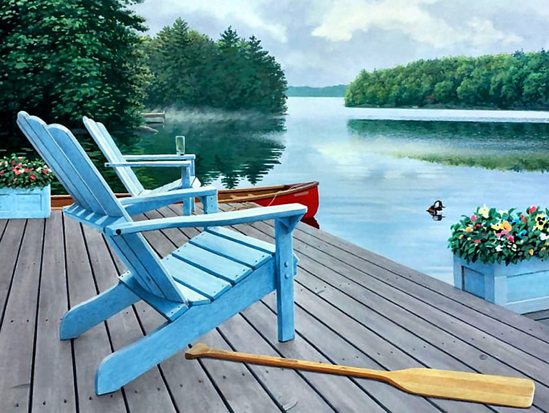 Lakeside Retreat F, architecture, art, bonito, lake, artwork, oar, water, adirondak chair, painting, wide screen, scenery, deck, landscape, HD wallpaper