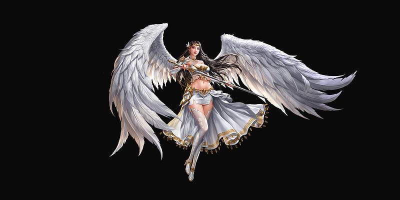 Angel, frumusete, wings, dospi, luminos, girl, black, white, jungmin jin, HD wallpaper