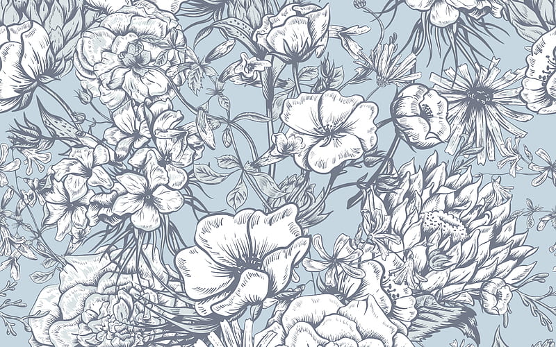 blue retro texture with flowers, floral retro background, retro texture, retro ornament background, vintage ornament texture, HD wallpaper