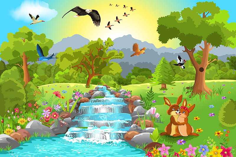 Animals near Water, animals, near, cute, water childlike, birds, HD wallpaper