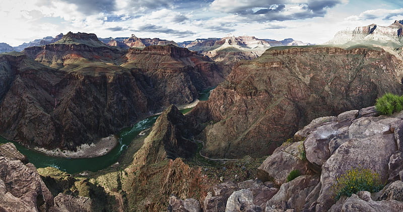 PLATEAU POINT, GRAND CANYON, clouds, water, erosion, cliffs, landscapes, plants, wildflowers, river, Arizona, HD wallpaper