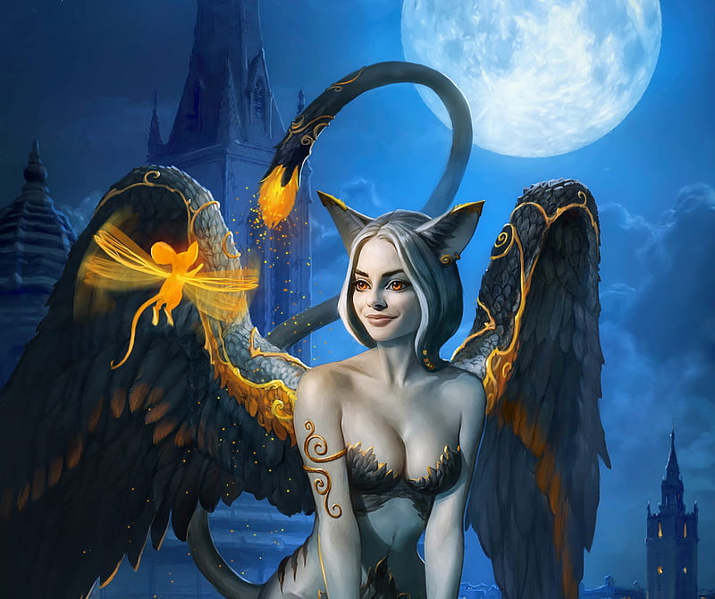 Gargoyle Cat loves to play, wings, frumusete, moon, luminos, angel, yellow, demon, moon, gargoyle cat, fantasy, mironishin story, creature, light, fairy, night, blue, HD wallpaper