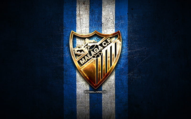 Malaga FC, golden logo, La Liga 2, blue metal background, football, Malaga CF, spanish football club, Malaga logo, soccer, LaLiga 2, Spain, HD wallpaper
