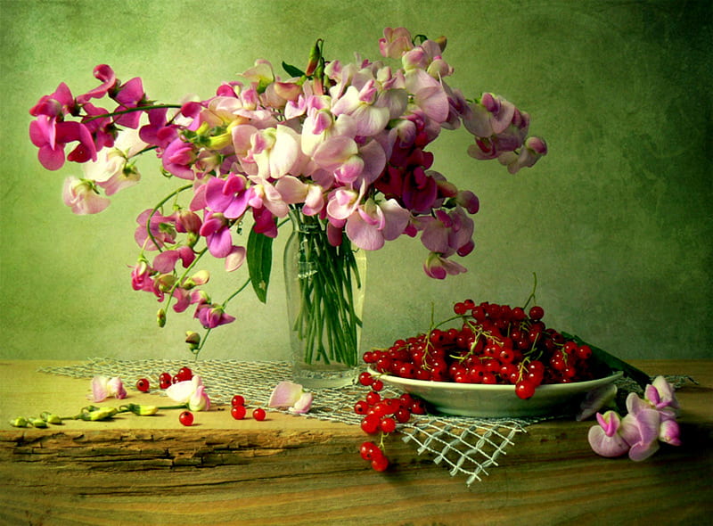 Sweetness, table, still life, berries, flowers, sweet peas, lace cloth, bowl, HD wallpaper