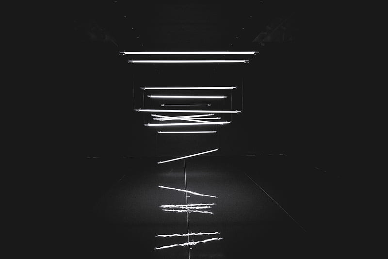 A unique shot of tube lights falling from the ceiling in a dark room., HD wallpaper