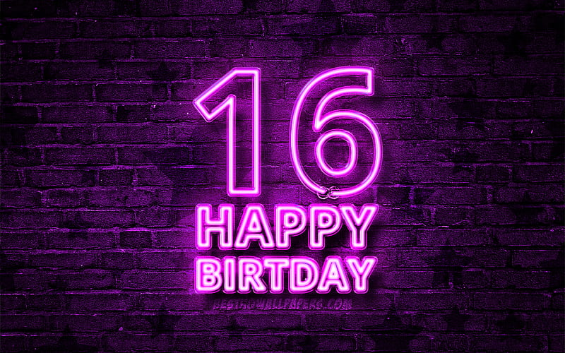 Happy 16 Years Birtay purple neon text, 16th Birtay Party, purple brickwall, Happy 16th birtay, Birtay concept, Birtay Party, 16th Birtay, HD wallpaper
