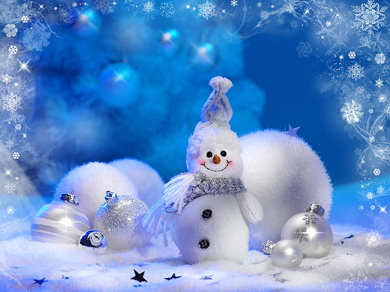 Snowman, pretty, bonito, magic, silver, xmas, sweet, frosty, graphy, ball, nice, magic christmas, decorations, beauty, blue, stars, lovely, holiday, christmas, snowballs, smile, new year, happy new year, winter, happy, cute, snowball, merry christmas, balls, snow, white, HD wallpaper