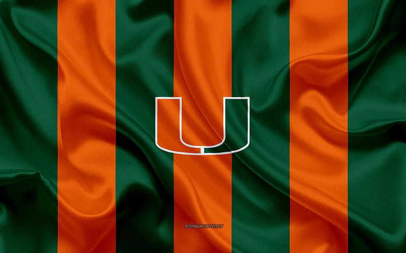 Miami Hurricanes, American football team, emblem, silk flag, orange-green silk texture, NCAA, Miami Hurricanes logo, Miami Gardens, Florida, USA, American football, HD wallpaper