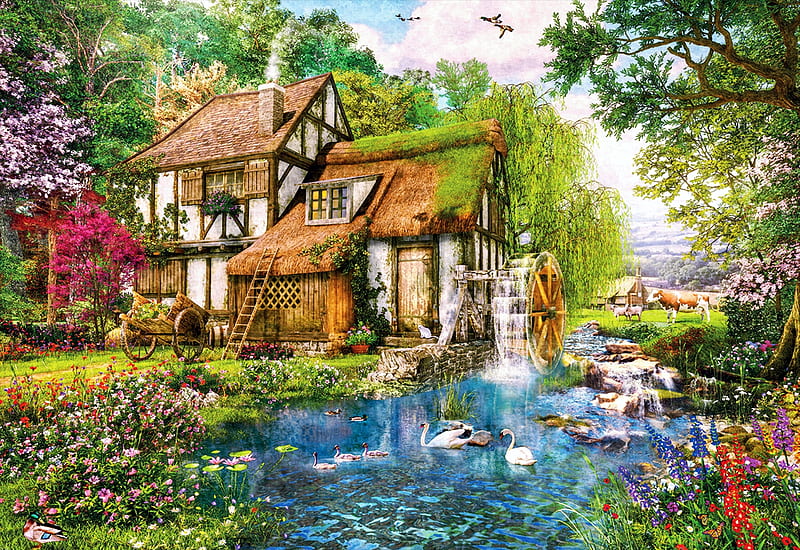 Watermill Cottage, cow, river, artwork, swans, digital, house, trees, flowers, HD wallpaper