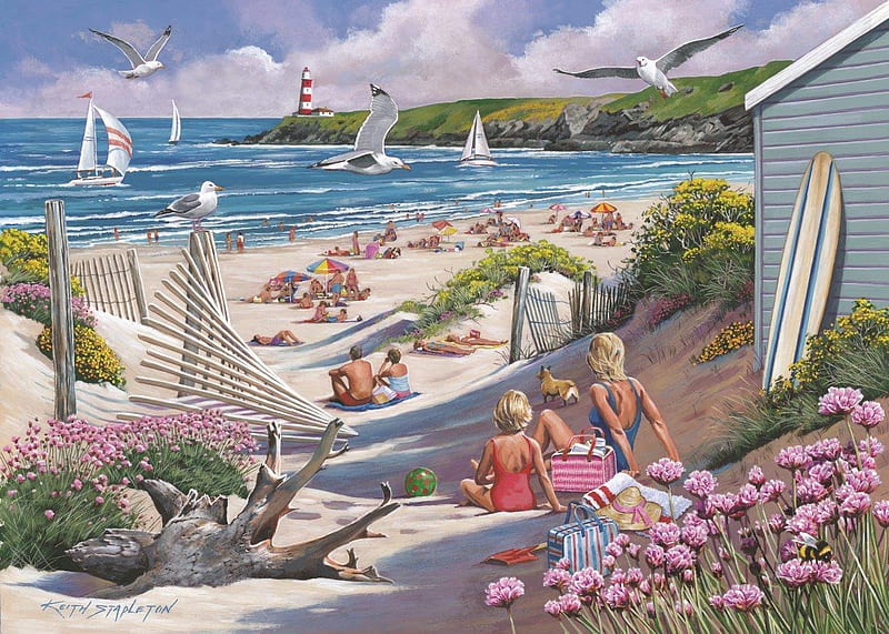 Driftwood Bay, vara, keith stapleton, people, summer, pictura, sea, art, beach, water, painting, HD wallpaper