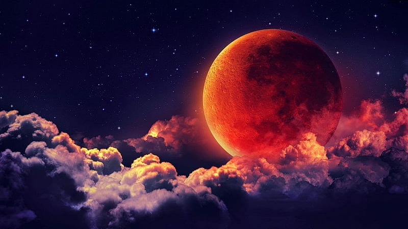 Super Blood Moon, art, red, moon, sky, HD wallpaper
