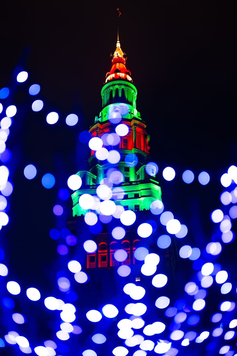 tower, building, lights, illumination, blur, new year, holiday, HD phone wallpaper