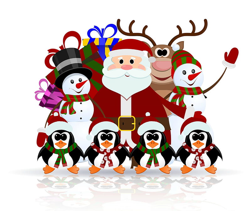 Christmas friends, santa, christmas, penquin, reindeer, snowman, HD wallpaper