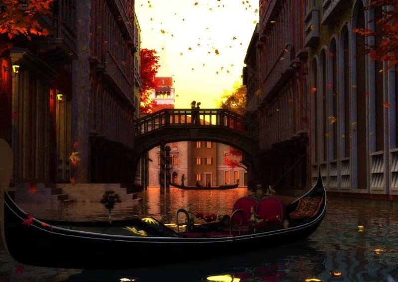 Autumn in Venice, leaves, boat, bridge, canal, houses, digital, artwork, HD wallpaper