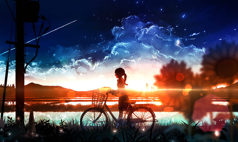 Anime, Original, Bike, Girl, Sunset, HD wallpaper