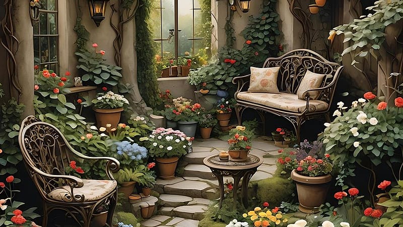 Summer Garden, rest, flowers, confort, patio, garden, chairs, flagstones, HD wallpaper